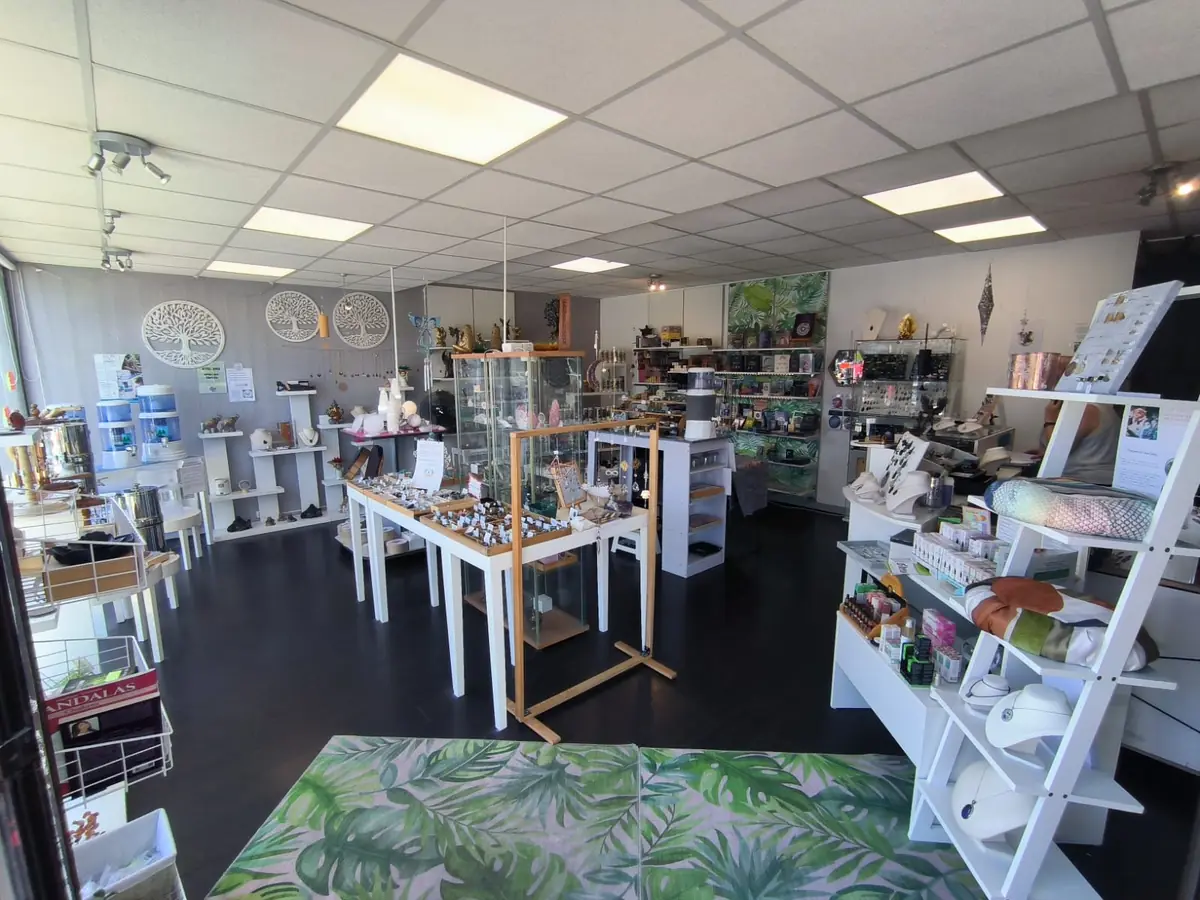 Intérieur de la boutique Azurite et Compagnie avec ses présentoirs de minéraux et bijoux