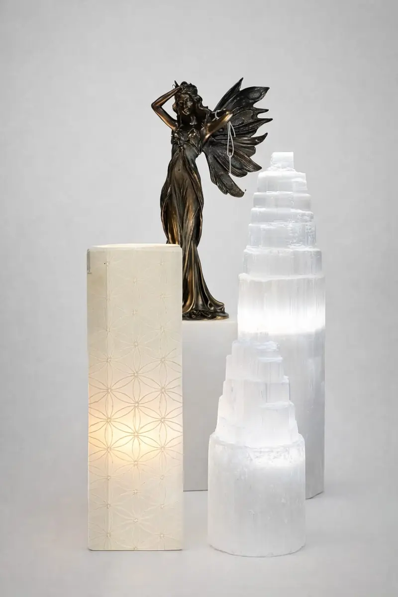 Tours de sélénite lumineuses avec une statuette de fée ailée