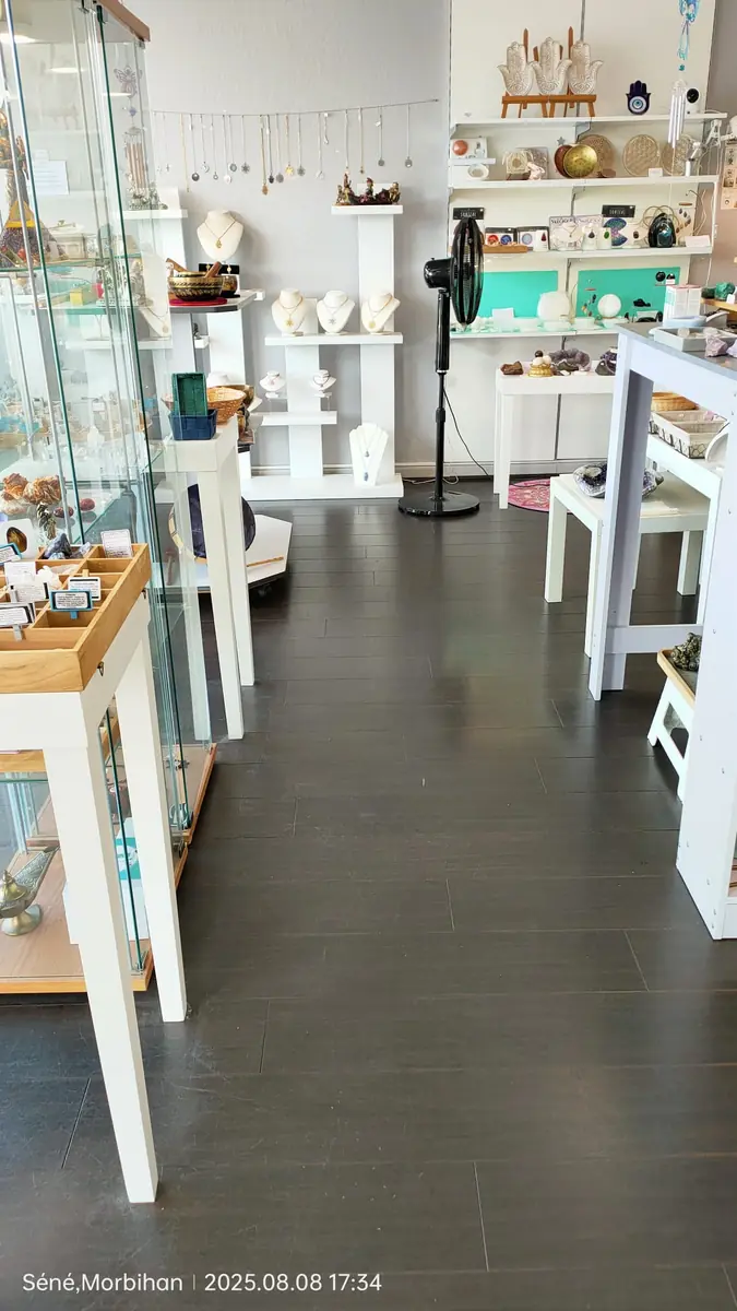 Allée de la boutique avec présentoirs de bijoux, pierres et vitrines